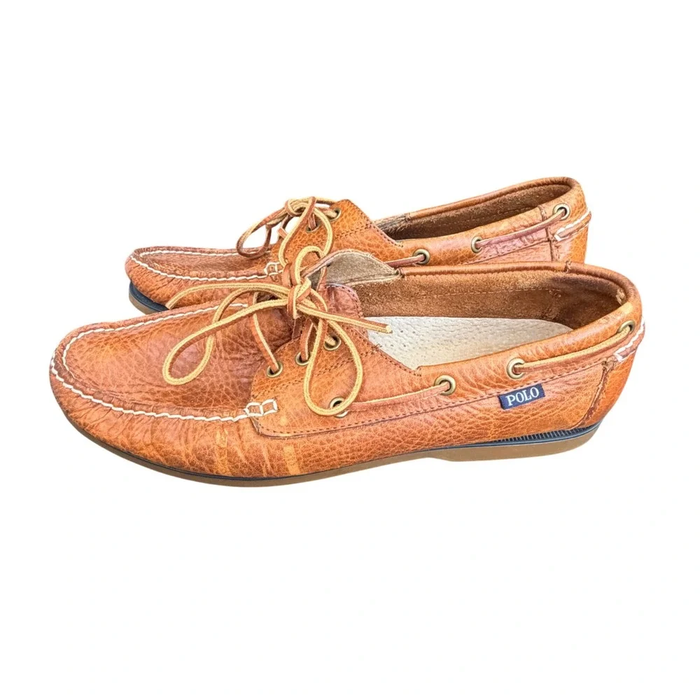 Polo Ralph Lauren Bienne Tan Pebbled Leather Boat Shoes Mens 11D Brown Loafers